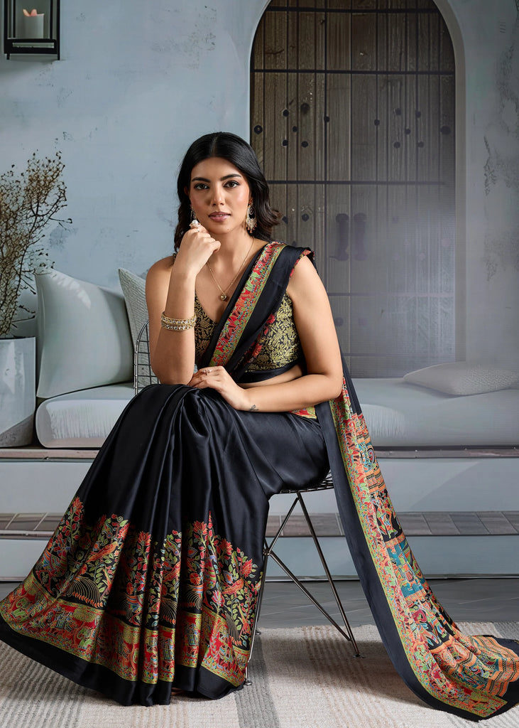 Jet Black Printed Satin Silk Saree