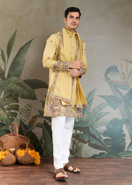 Festive Yellow Sequence Embroidered Cotton Kurta With Dupatta