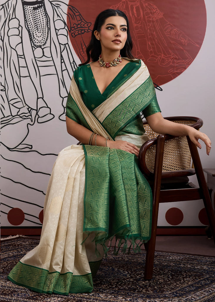 Green Border Ivory Woven Banarasi Silk Saree