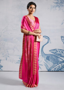 Magenta Pink Satin Silk Saree with Ajrakh Printed Pallu and Blouse
