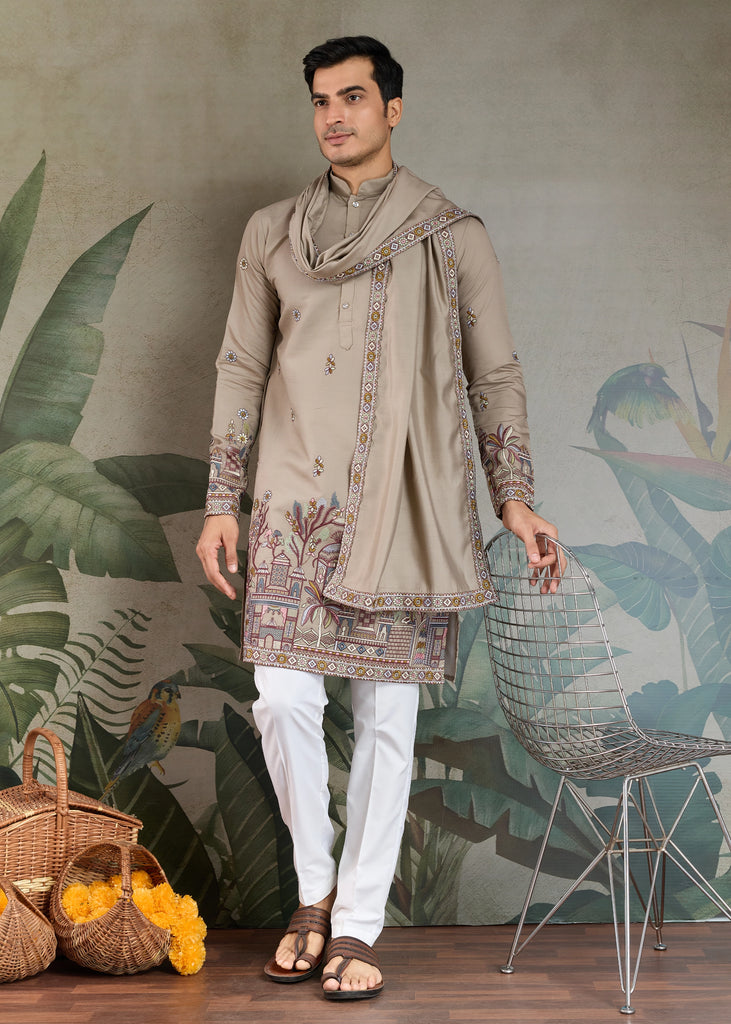 Slate Grey Sequence Embroidered Cotton Kurta With Dupatta