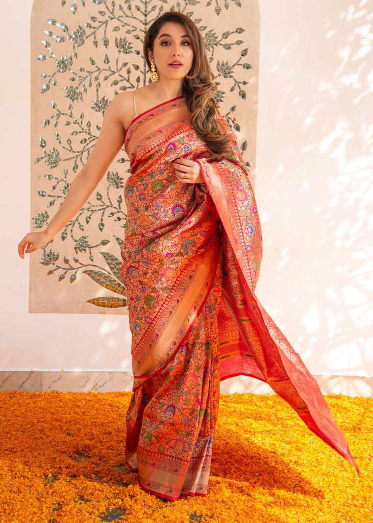 Maya: Banarasi Brocade Saree with Meenakari Floral Jangla in The Shades of Red