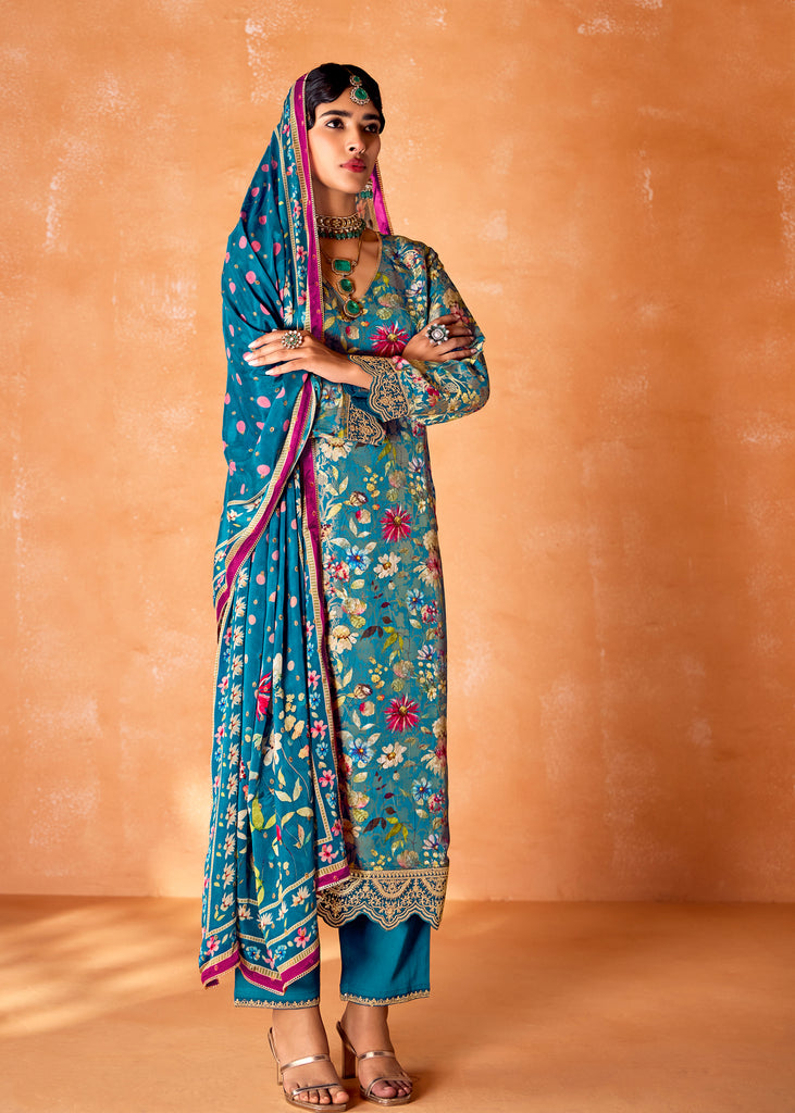 Ceramic Blue Embroidered Suit Set With Floral Print