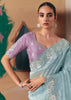 Aqua Blue Embroidered Designer Silk Saree