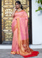 Divya: Khaddi Georgette Handloom Banarasi Saree In The Shades Of Pink And Red