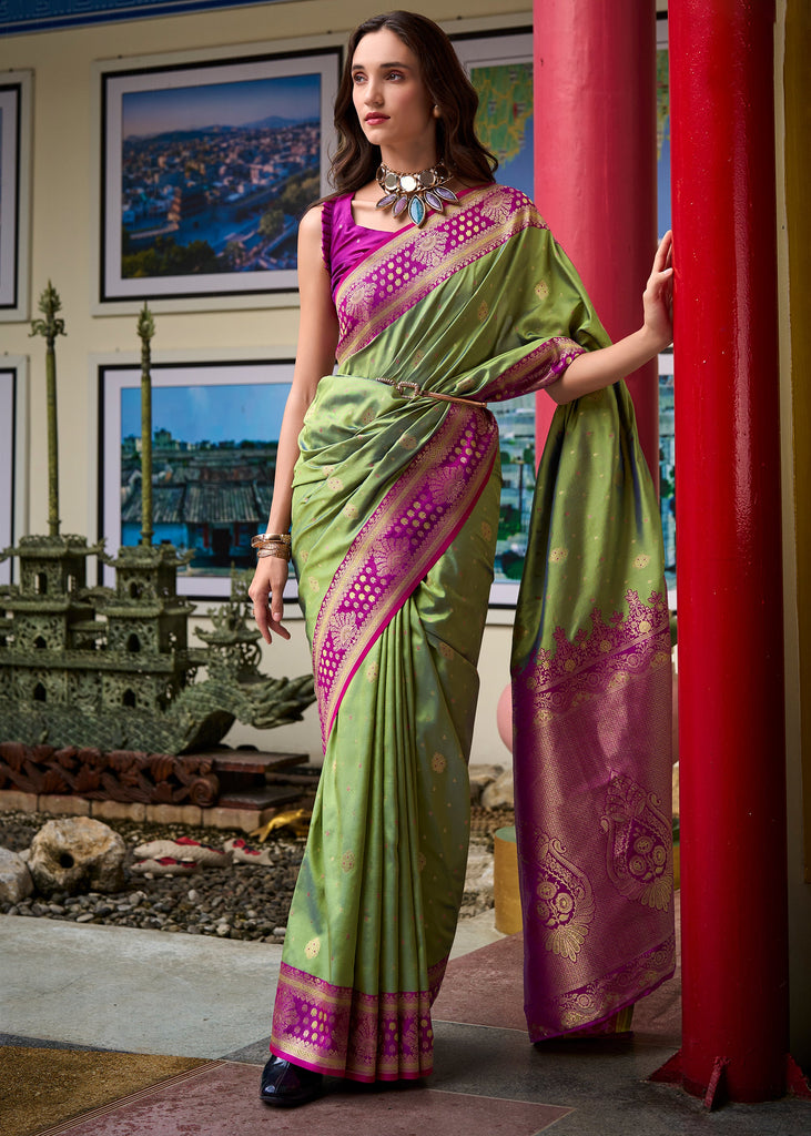Piquant Green Woven Banarasi Silk Saree With Contrast Blouse