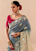 Ash Grey Heavy Embroidered Designer Silk Saree