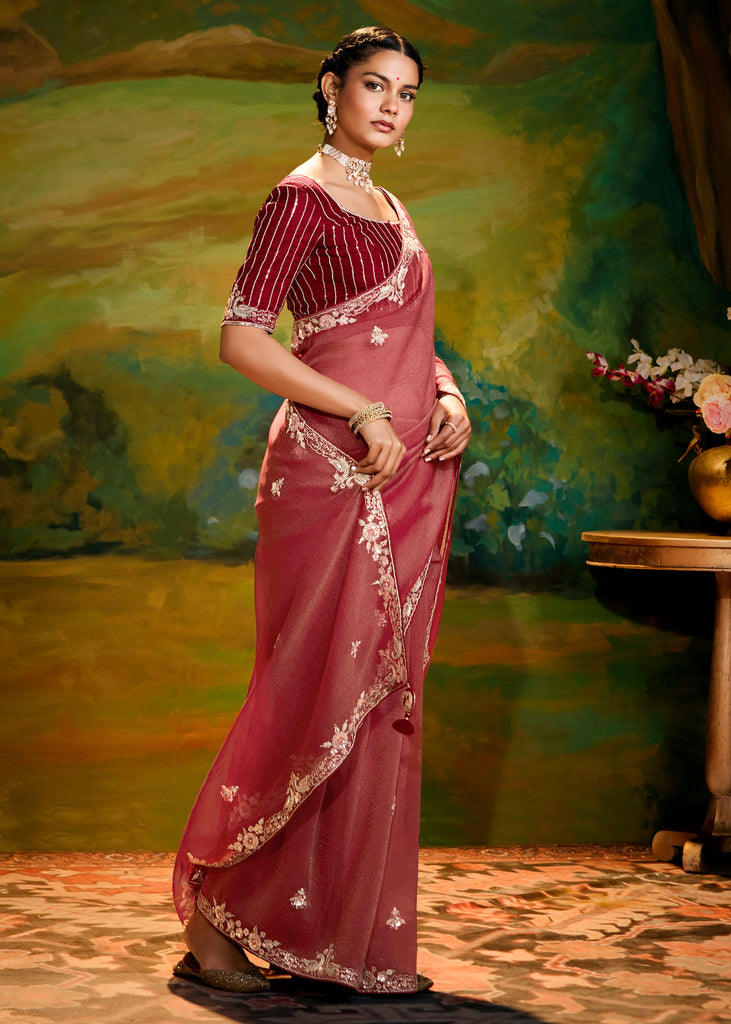 Earthy Red Heavy Embroidered Designer Silk Saree With contrast Blouse