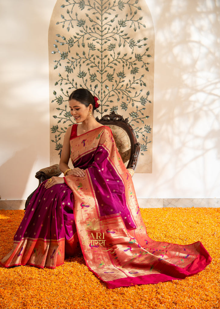Dance of Peacocks: Katan Silk Paithani Saree with Festive Border in the Shades of Purple