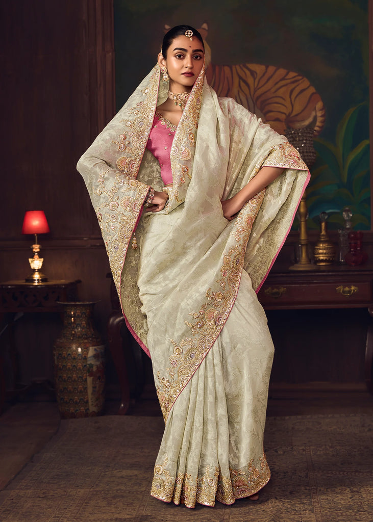 Victorian Pearl White Woven Embroidered Saree