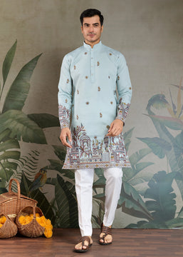 Sky Blue Sequence Embroidered Cotton Kurta With Dupatta