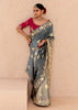 Ash Grey Heavy Embroidered Designer Silk Saree