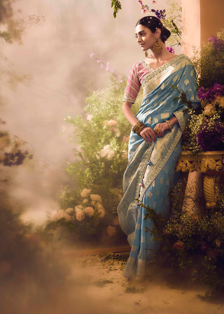 Mineral Blue Banarasi Designer Silk Saree With Embroidered Blouse