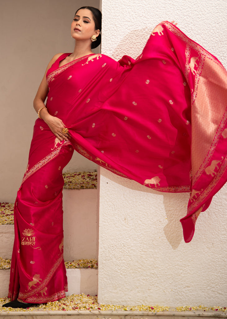 Vantara: Pink Satin Silk Banarasi Shikargah Handloom Saree