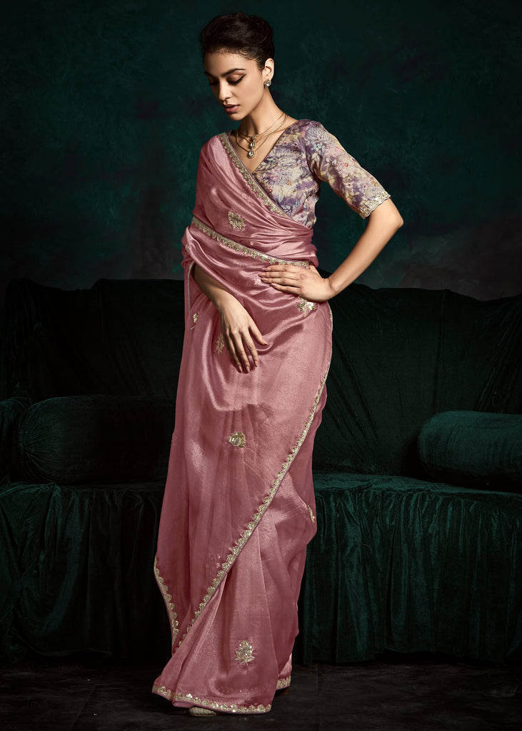 Mauve Pink Designer Tissue Silk Saree With Printed Blouse