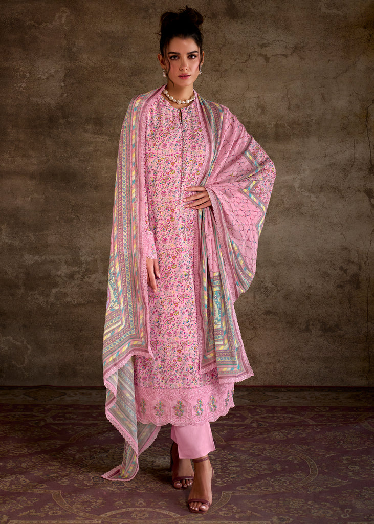 Baby Pink Embroidered Suit Set With Digital Print