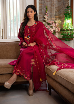 Rich Maroon Embroidered Silk Suit Set (10702870741185)