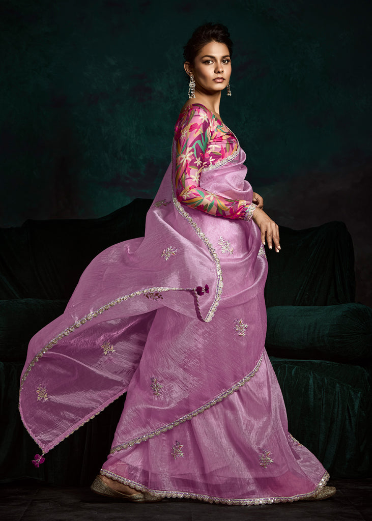 Spring Purple Designer Tissue Silk Saree With Printed Blouse