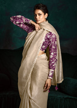 Silver Grey Designer Tissue Silk Saree With Printed Blouse