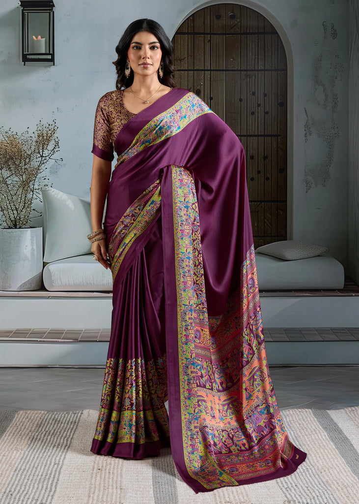 Berry Purple Printed Satin Silk Saree