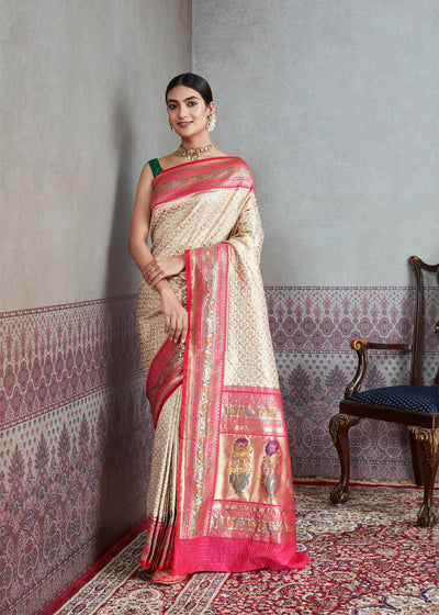 Shakti(Pre-Order): Banarasi Brocade Saree in Shades of Ivory and Pink with Mughal Buta (6891514593473)