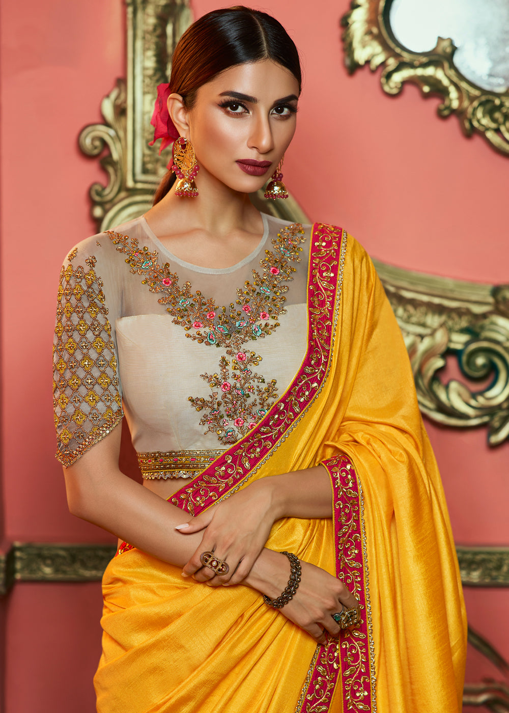 Red Glow - Red sequence blouse and yellow saree with frill... | Facebook