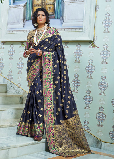 Dark Denim Blue Woven Banarasi Saree With Abstract Motifs And Paithani Border (5763361439895)