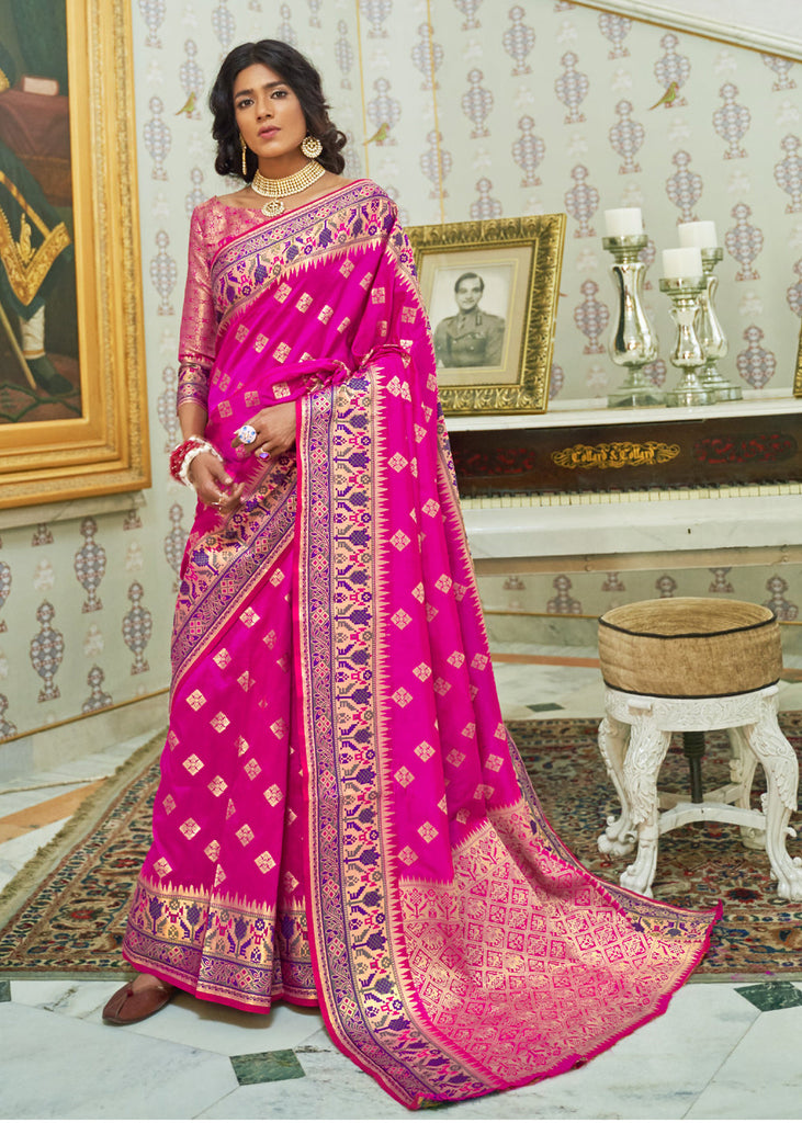 Suave Magenta Pink And Gold Woven Banarasi Saree With Abstract Motifs And Paithani Border (5763361800343)