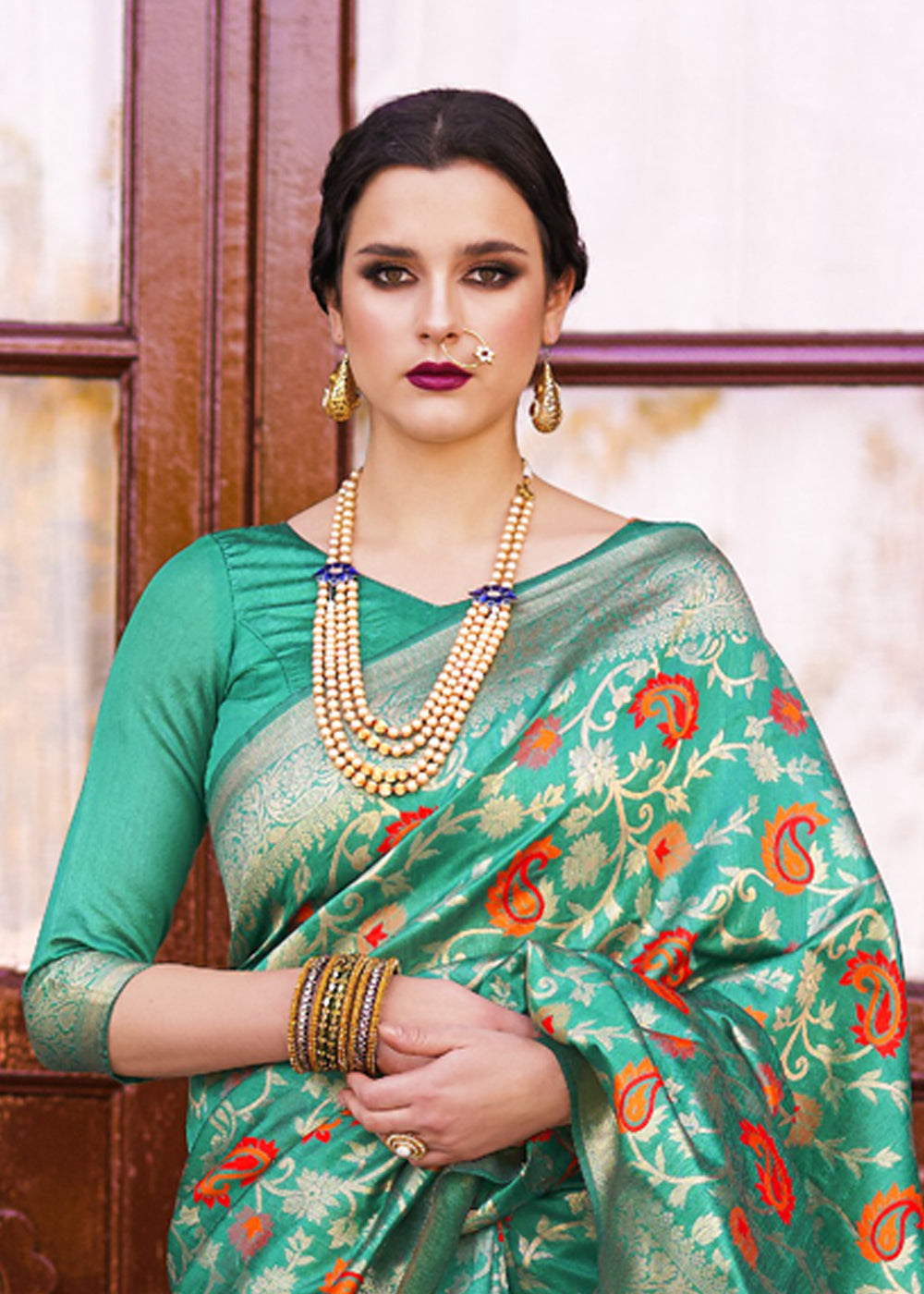 FOREST Green Woven Saree With Allover Multicolour Motifs – Zaribanaras ...