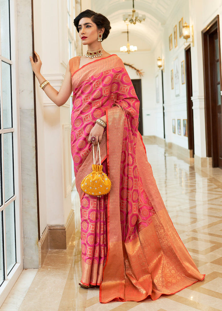 Striking Pink Woven Patola fusion Banarasi Saree With Brocade Blouse (5687332634775)