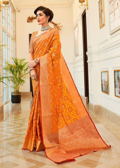 Marigold Orange Woven Patola fusion Banarasi Saree With Brocade Blouse (5687334666391)