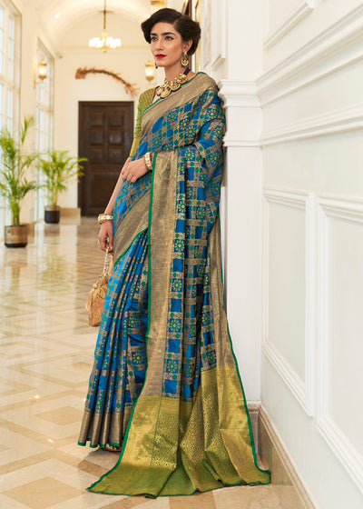 Persian Blue Woven Patola fusion Banarasi Saree With Brocade Blouse (5687335649431)