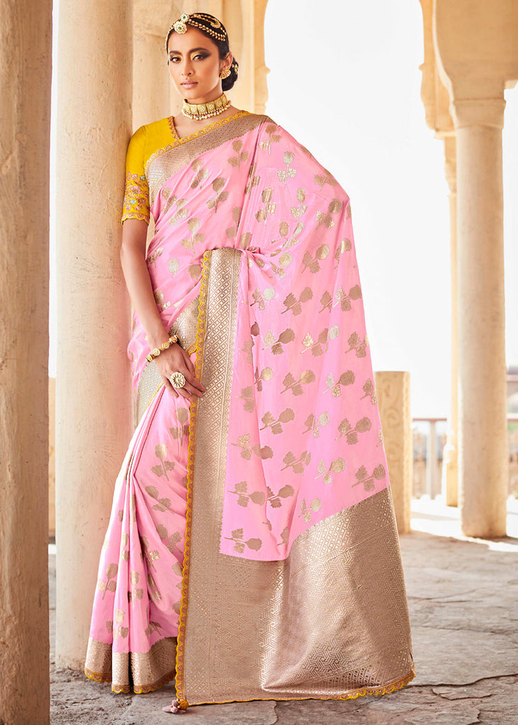 Baby Pink Handloom Pure Khaddi Georgette Silk Saree - Aura Benaras