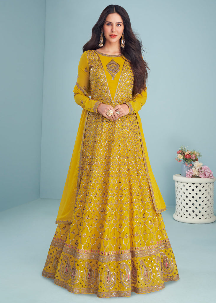 Classic Yellow Color Embroidery And Sequins Work Anarkali Suit | Anarkali  suit, Yellow gown, Blue saree