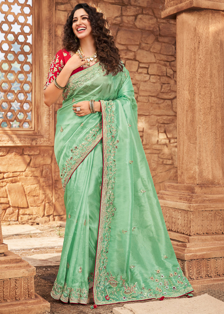 Pure Tissue Linen Sliver Zari Weaves Worked Mint Green Saree – Organza Mall