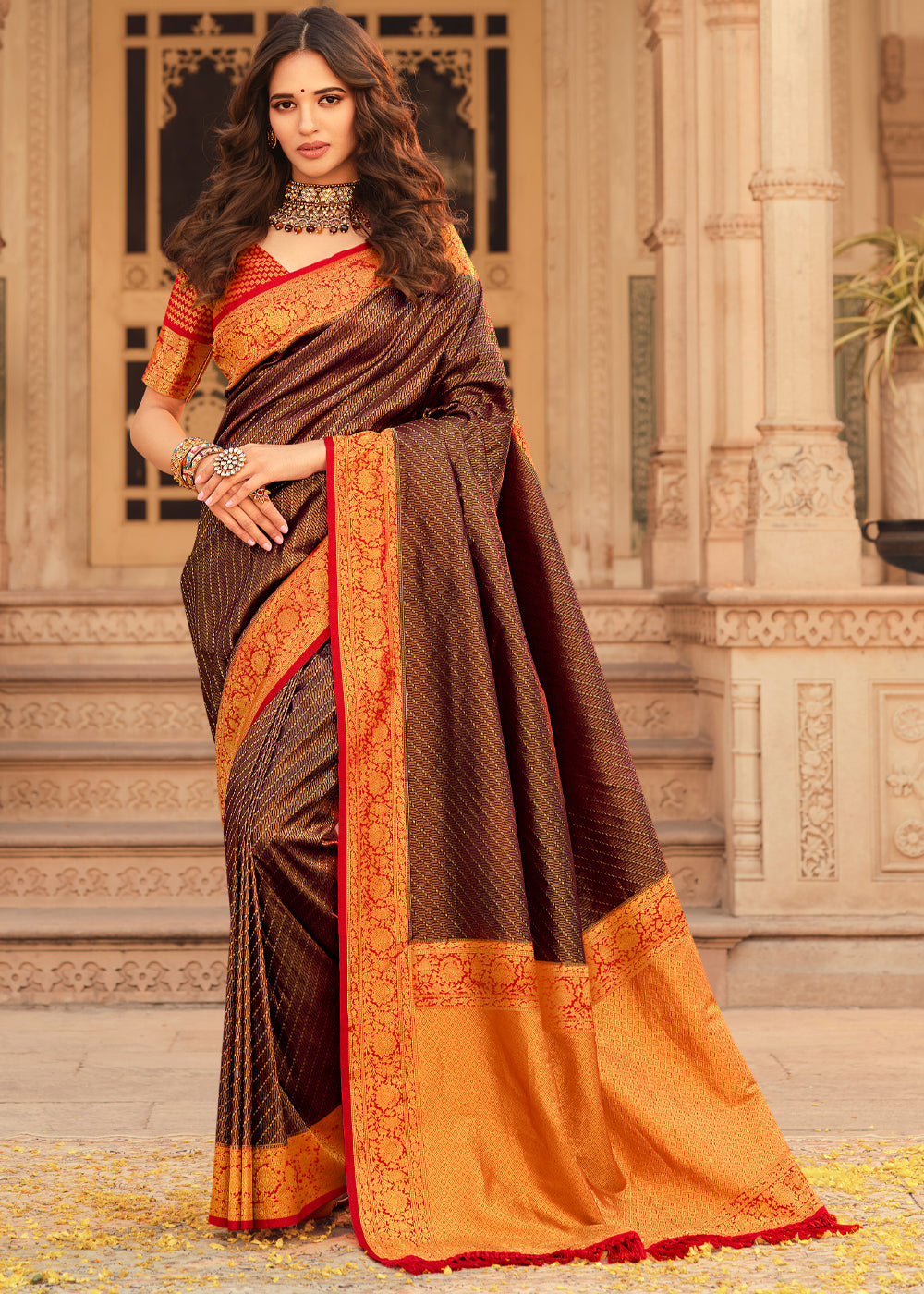 Leather Grey and Brown Printed Patola Soft Silk Saree – MySilkLove