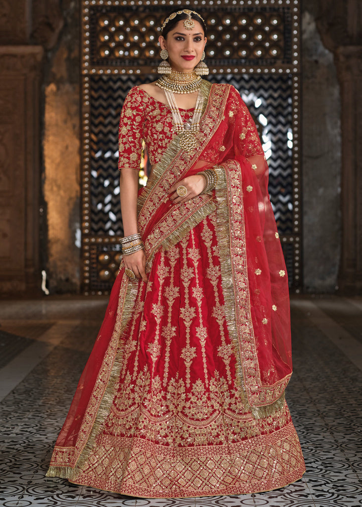 Mesmerizing Red Heavy Hand Work & Embroidered Velvet wedding Lehenga choli  - MEGHALYA - 3673040