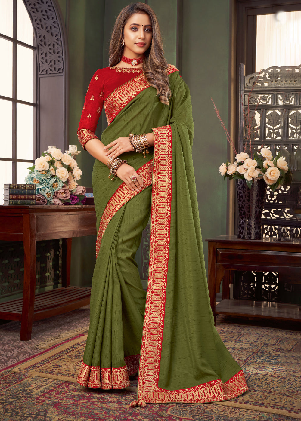 Buy online Soft Organza Banarasi saree with Banarasi Blouse - Olive Green -AF273