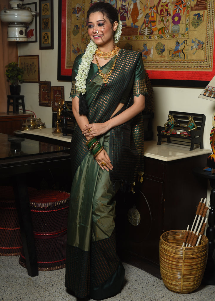 Olive green embellished stitched sari with blouse | Indian fashion, Elegant  saree, Saree