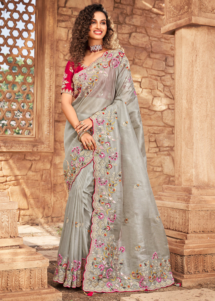 Buy Silver Silk Saree With Brocade Woven Contrast Border And Unstitched  Blouse Piece KALKI Fashion India