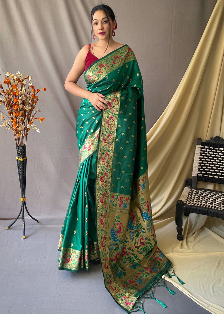 FOREST GREEN WOVEN PAITHANI SILK SAREE