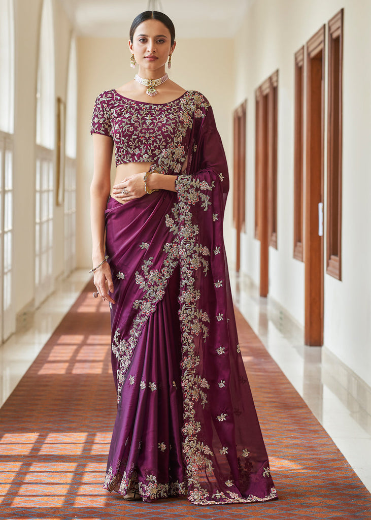 WINE MAROON ORGANZA SILK DESIGNER SAREE (6873808371905)