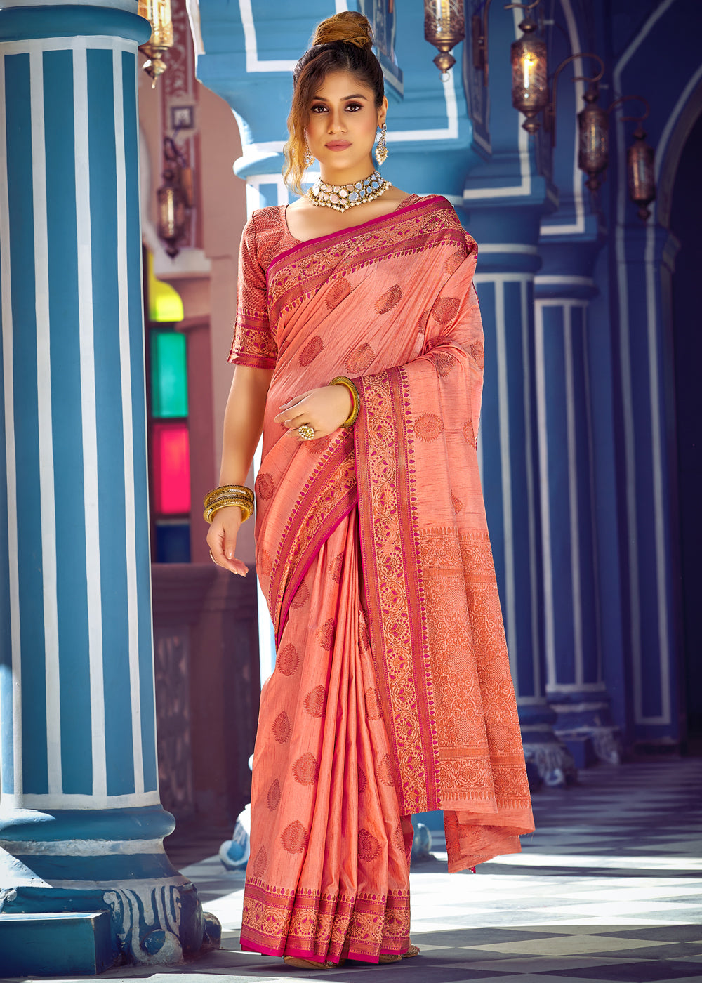 Buy Rose Pink Saree In Kora Silk With Gota Work And Contrast Unstitched  Blouse Fabric