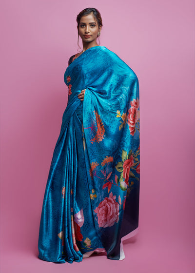 DEEP TURQUOISE BLUE SATIN CREPE SAREE (6928288874689)