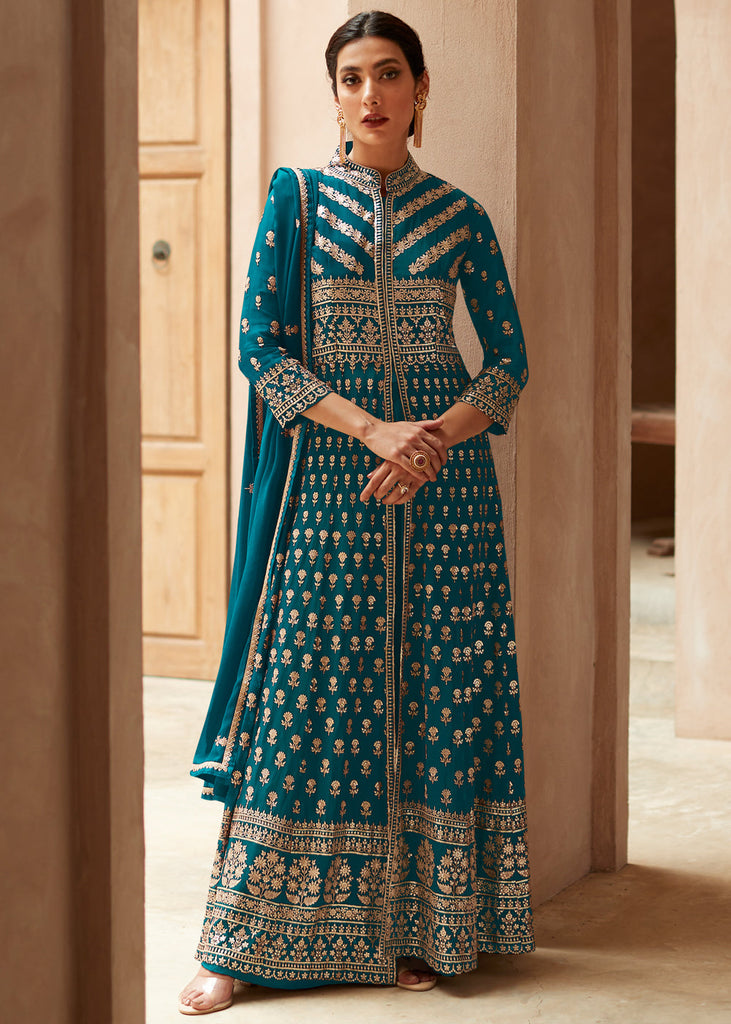Party Wear Viscose Georgette Ladies Peacock Blue Partywear Long Gown, Size:  L - XXL, Dry Clean at Rs 2895 in New Delhi