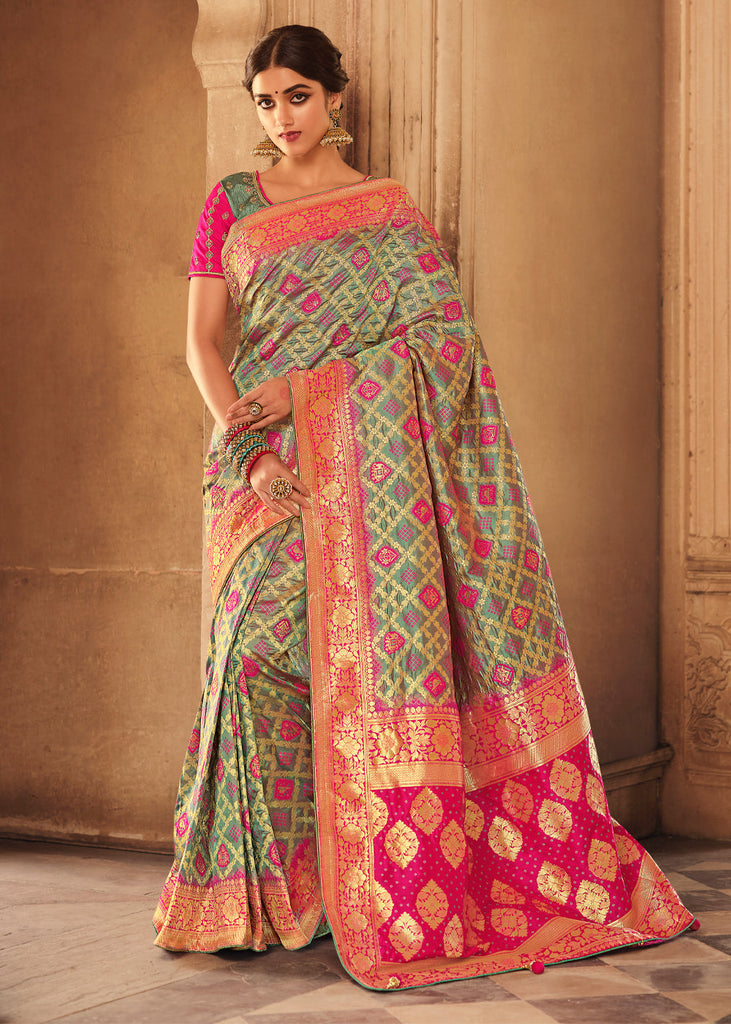 Pistachio Green Woven Traditional Silk Saree With Heavy Embroidered Bl –