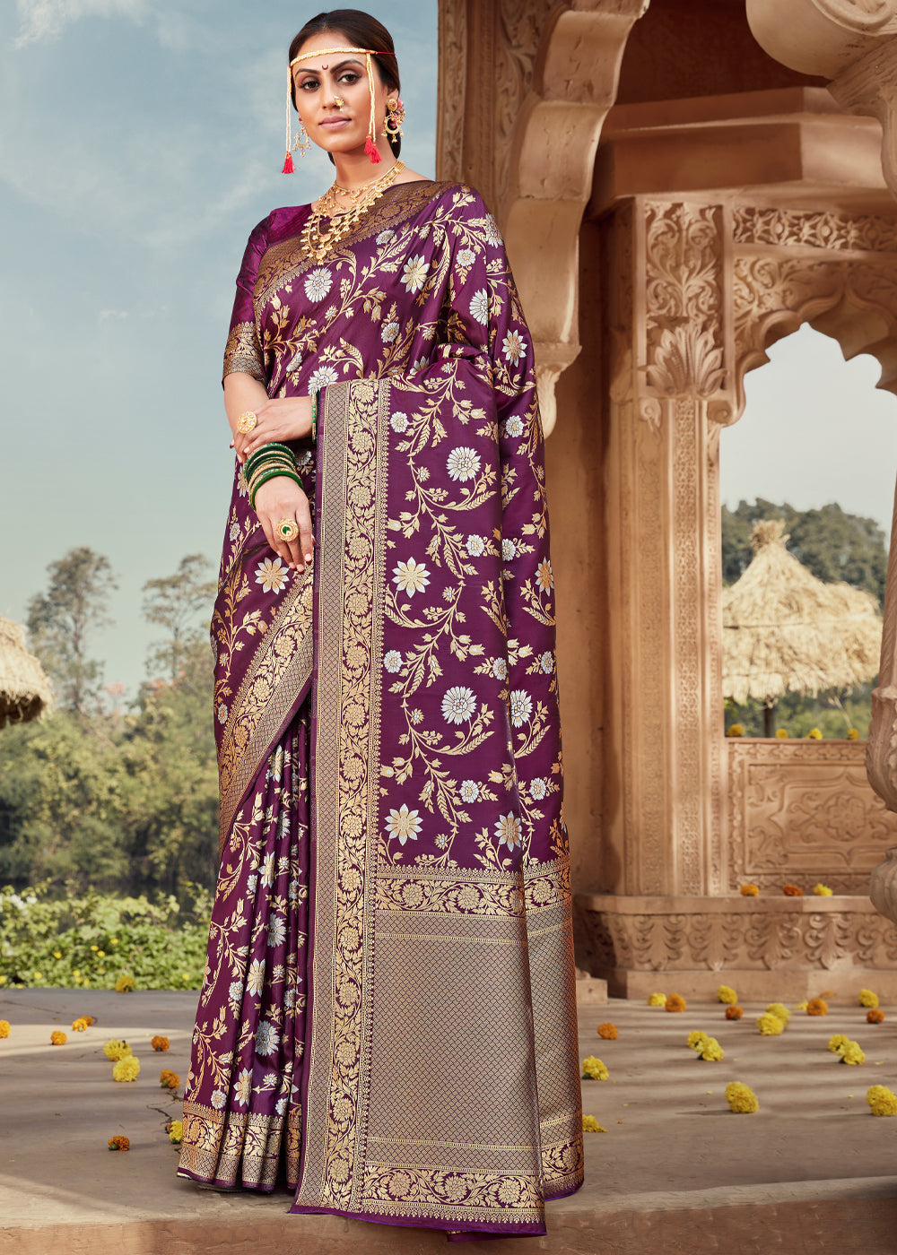 Purple Gold Traditional Sari - Buy Purple Gold Traditional Sari online in  India