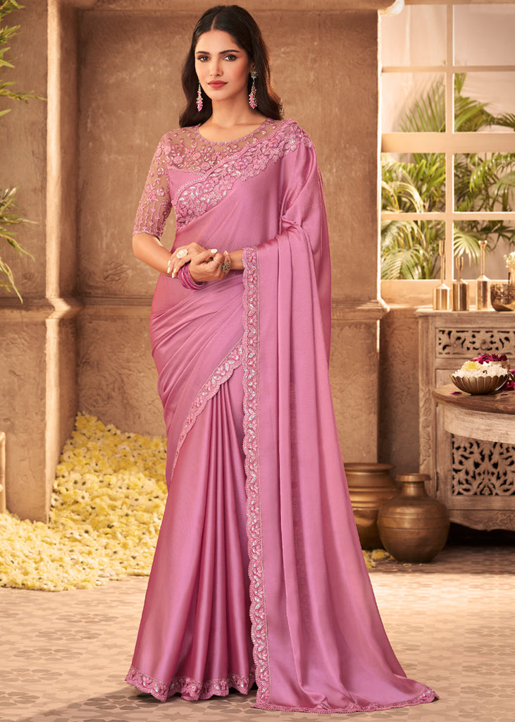 ROSE PINK EMBROIDERED SILK SAREE WITH DESIGNER BLOUSE