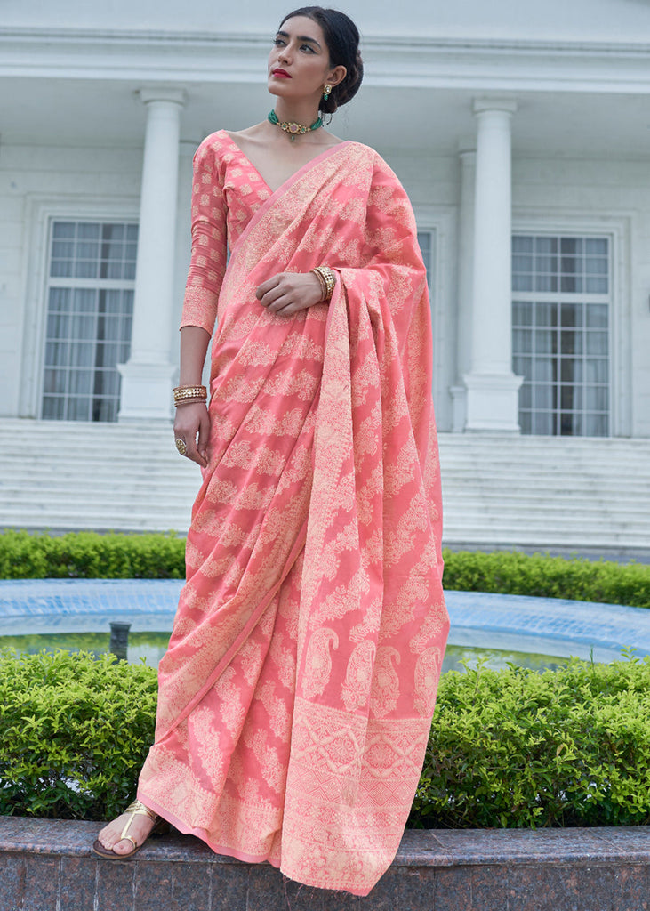 PINK BLOSSOM LUCKNOWI CHIKANKARI COTTON PRINCESS SAREE (5899951407255)