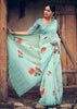 CYAN BLUE WOVEN ORGANZA SAREE WITH FLORAL PRINT (6830299218113)